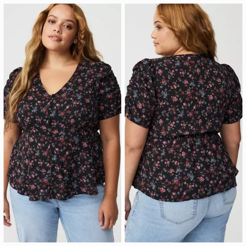 Torrid Black Floral Puff Sleeve Blouse